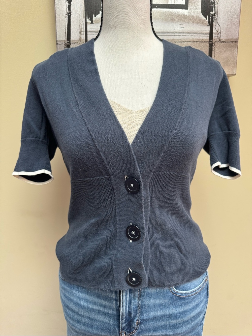 Banana Republic Navy Short-Sleeve Button Cardigan Sweater